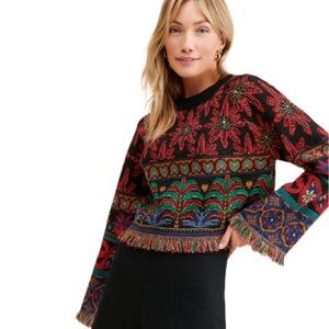 NWT FARM Rio Night Sky Intarsia Knit Sweater Black Multi Size L